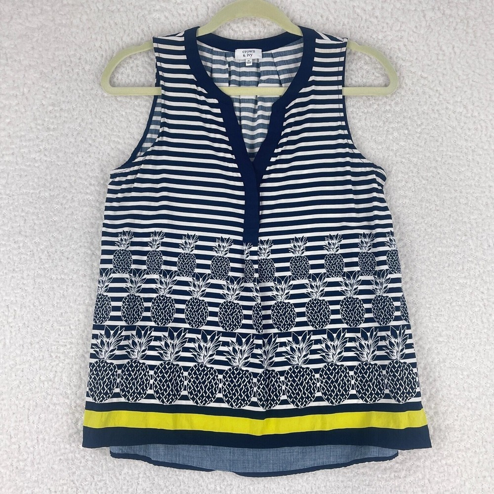 Crown & Ivy‎ Blue White Pineapple Print Tank Top Womens V-Neck Size Medium